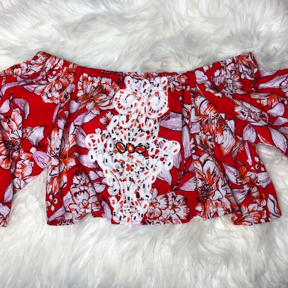 red floral off the shoulder crop top
